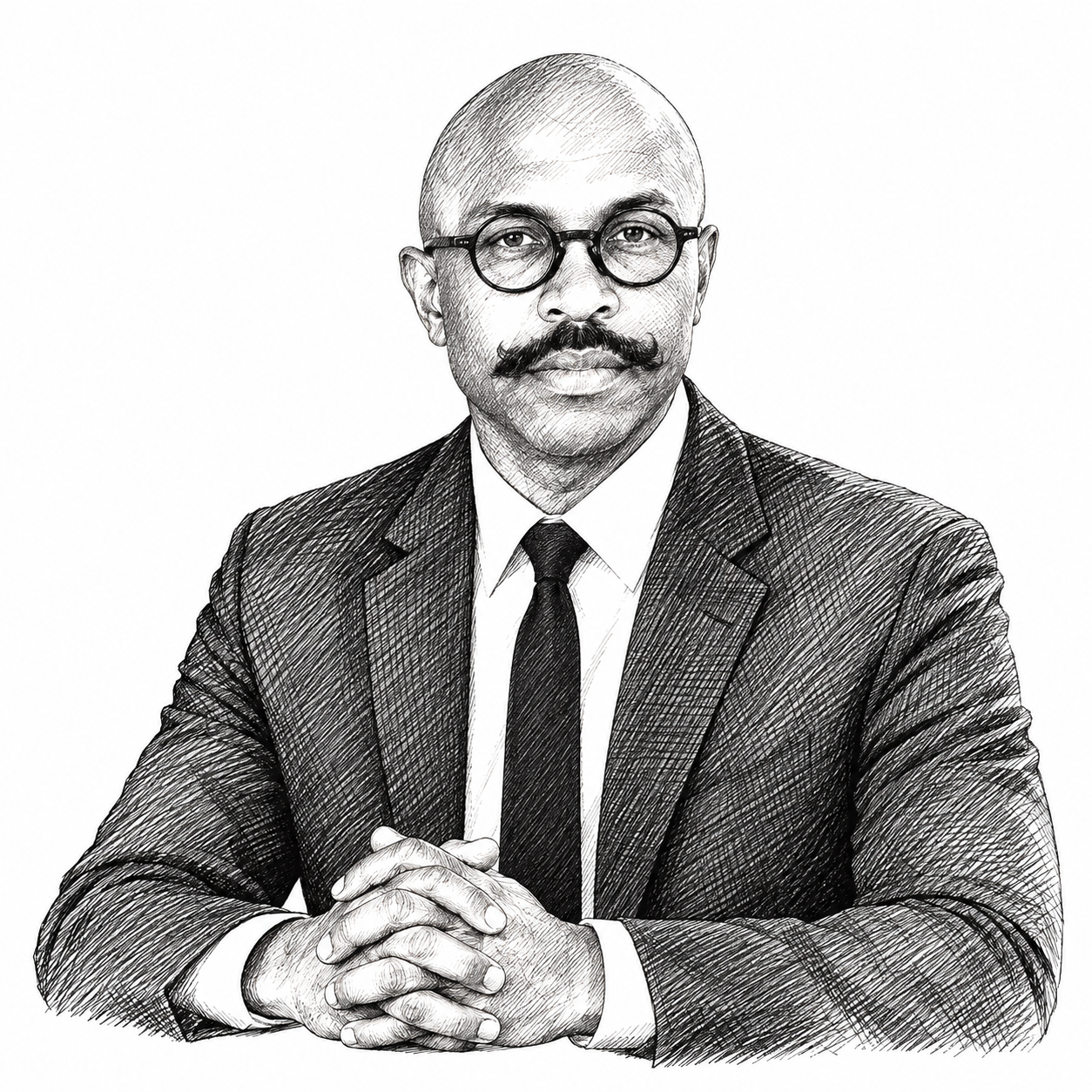 Crosshatched illustration of Attorney David Crawford seated with his hands clasped.